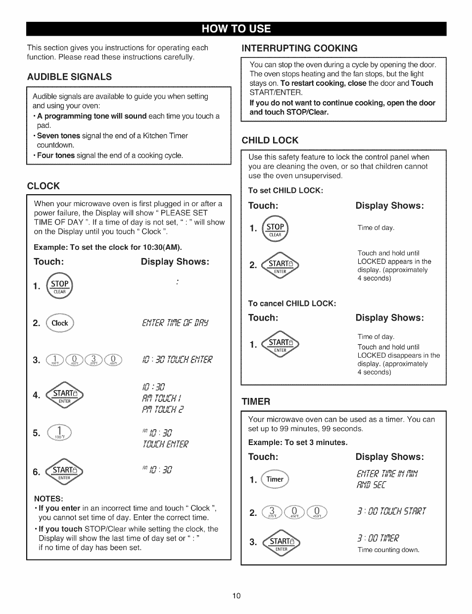 Audible signals, Interrupting cooking, Clock | Example: to set the clock for 10:30(am), Touch: display shows, Notes, Child lock, Timer, Audible signals clock, Child lock timer | Kenmore Elite 721.88519 User Manual | Page 10 / 46