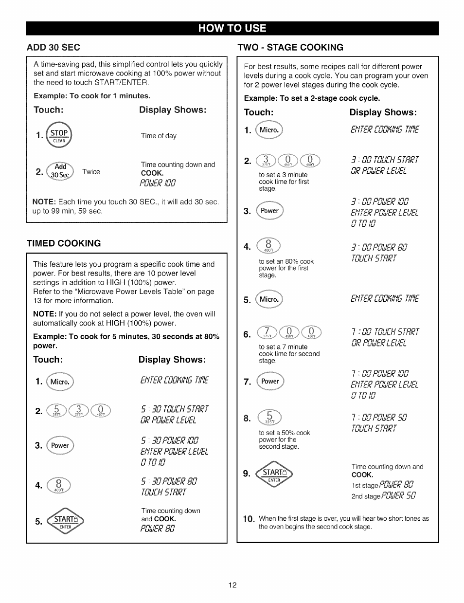 Add 30 sec, Two - stage cooking, Touch | Display shows, Timed cooking, Add 30 sec timed cooking two - stage cooking, Cd® cd, Accdcd | Kenmore Elite 721.88519 User Manual | Page 12 / 46