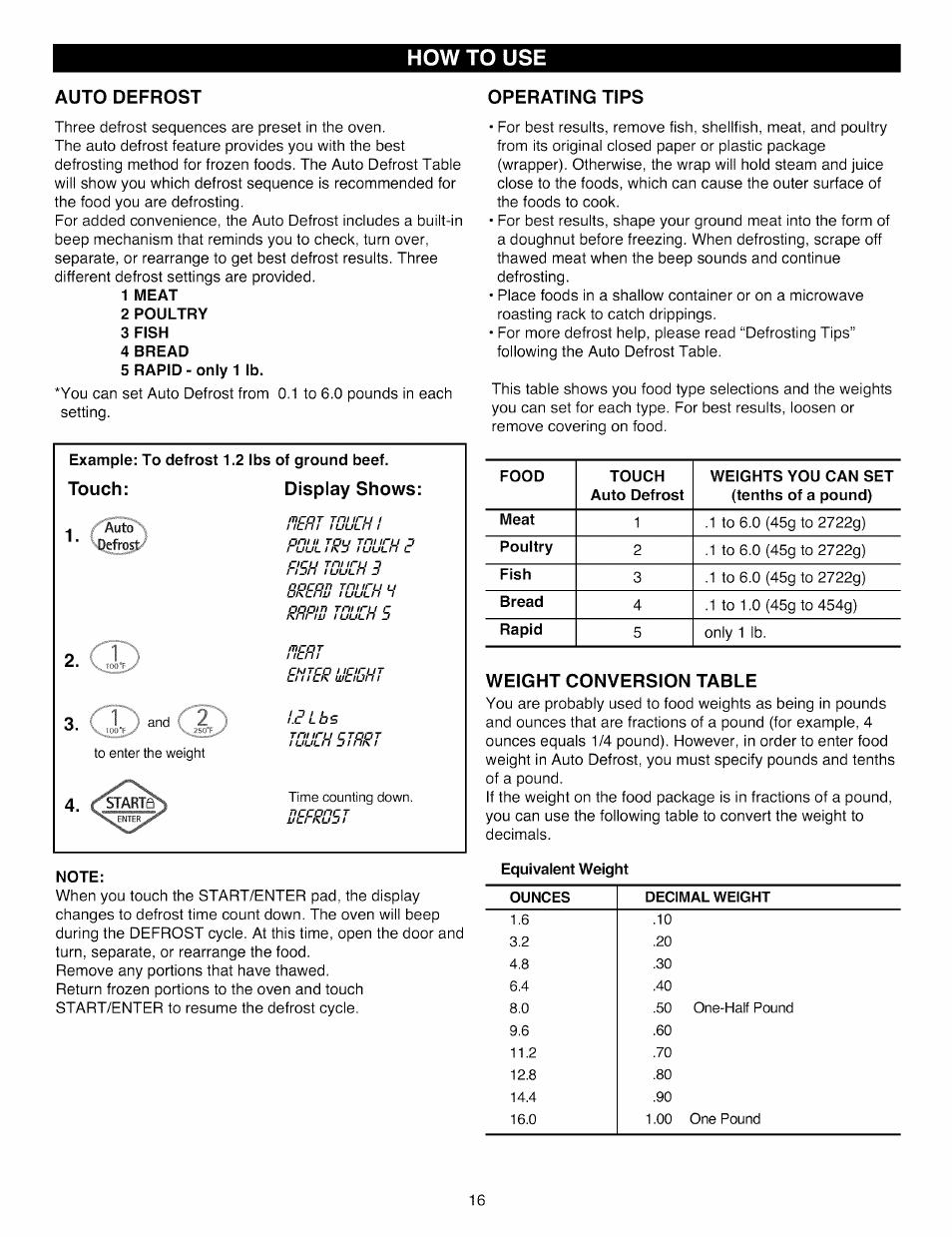 Auto defrost, 1 meat, 2 poultry | 3 fish, 4 bread, 5 rapid - only 1 lb, Note, Operating tips, Weight conversion table, Auto defrost ~19 | Kenmore Elite 721.88519 User Manual | Page 16 / 46