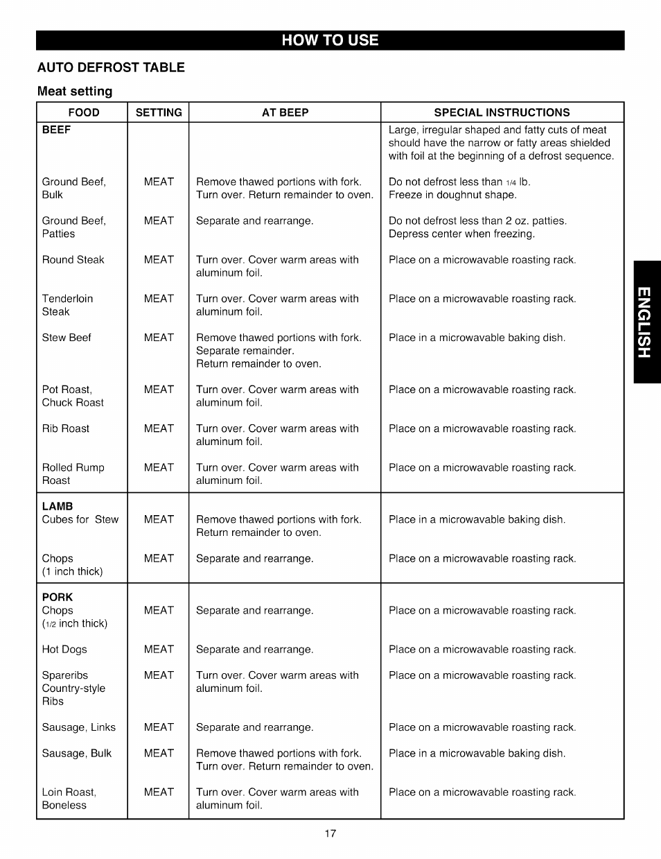 Auto defrost table meat setting, How to use | Kenmore Elite 721.88519 User Manual | Page 17 / 46