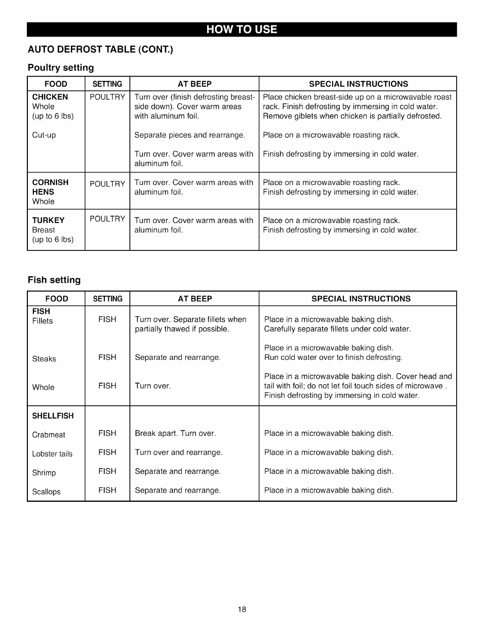 Auto defrost table (cont.) poultry setting, Fish setting, How to use | Kenmore Elite 721.88519 User Manual | Page 18 / 46