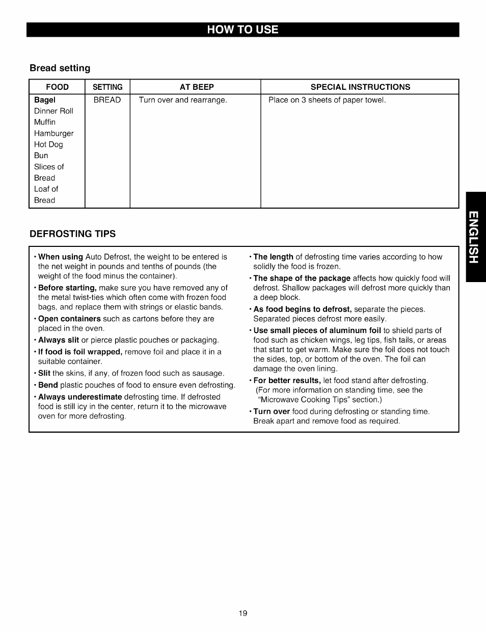 Bread setting, Defrosting tips, How to use | Kenmore Elite 721.88519 User Manual | Page 19 / 46