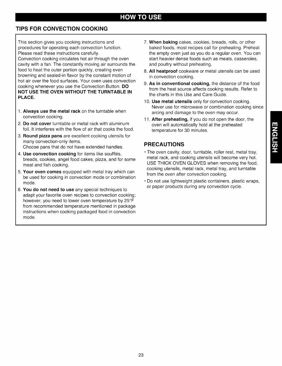Tips for convection cooking, Precautions, How to use | Kenmore Elite 721.88519 User Manual | Page 23 / 46