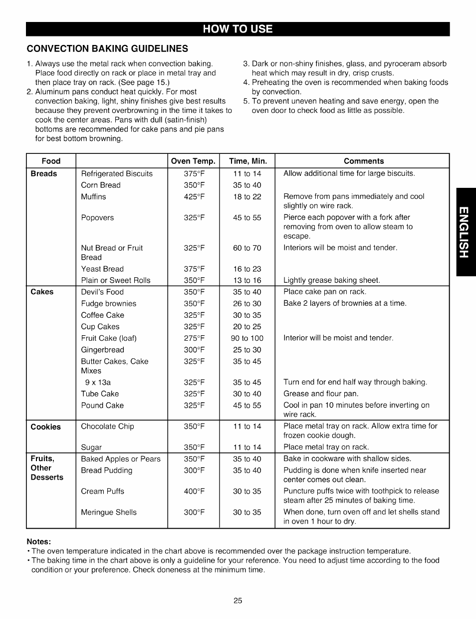 How to use, Convection baking guidelines | Kenmore Elite 721.88519 User Manual | Page 25 / 46