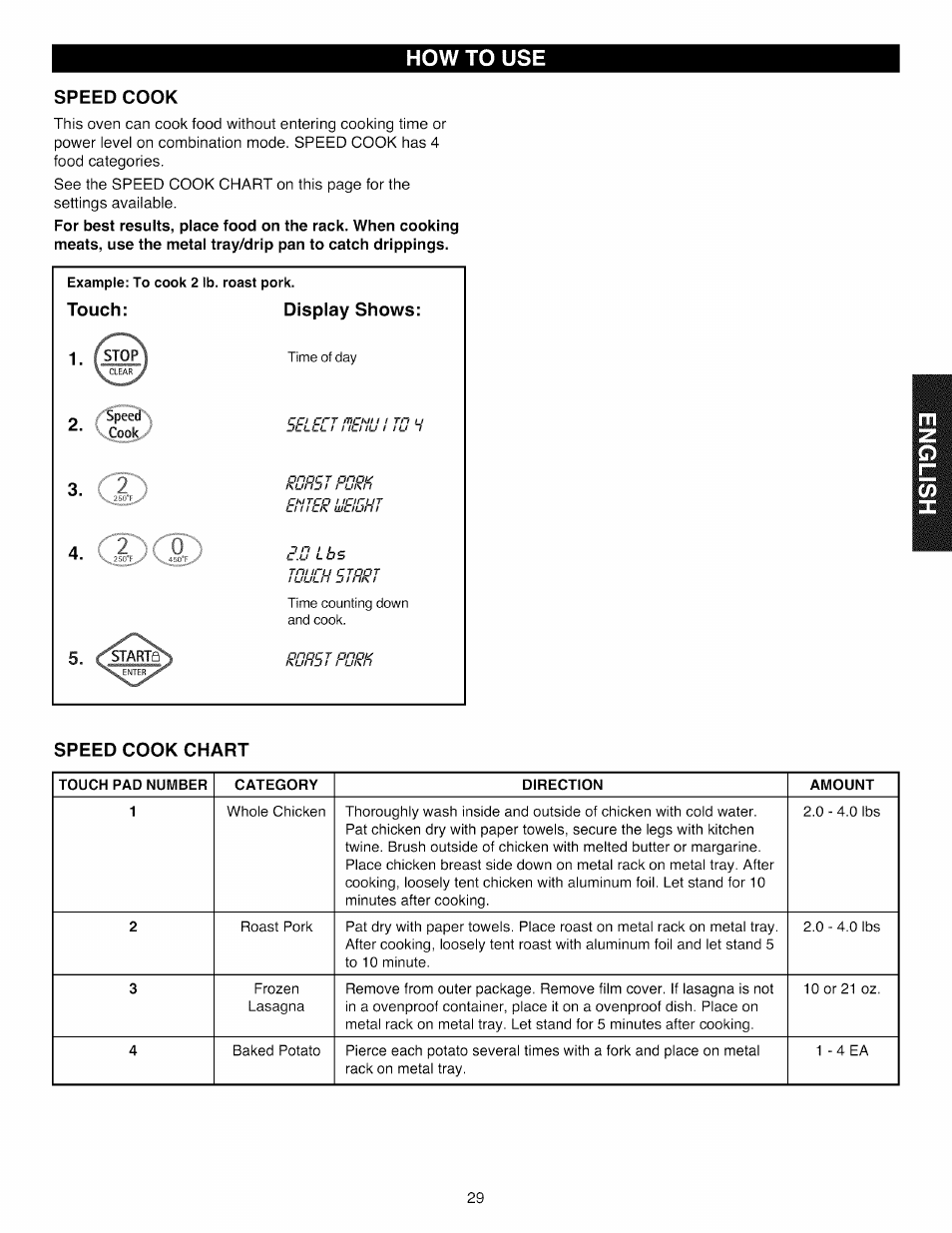 Speed cook, Touch: display shows, Speed cook chart | Ropstporf, T0ueh5jprj | Kenmore Elite 721.88519 User Manual | Page 29 / 46