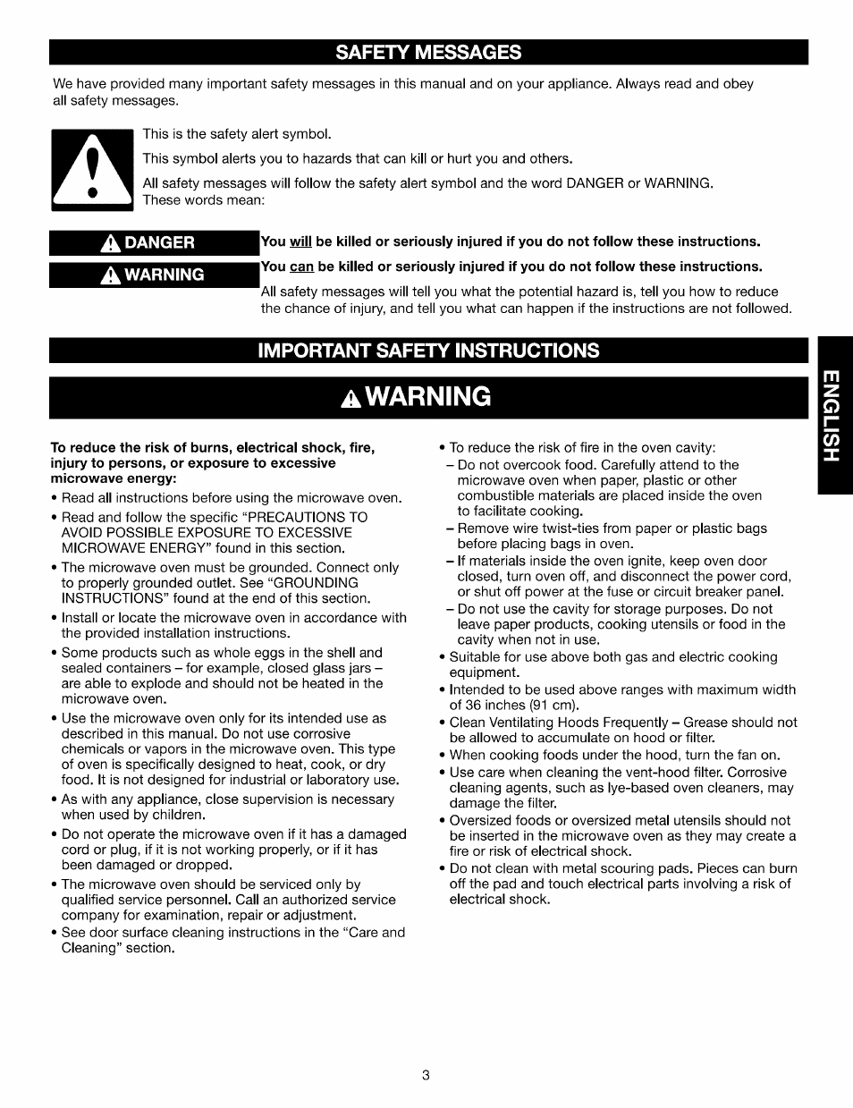 Safety messages, Important safety instructions, Awarning | Kenmore Elite 721.88519 User Manual | Page 3 / 46