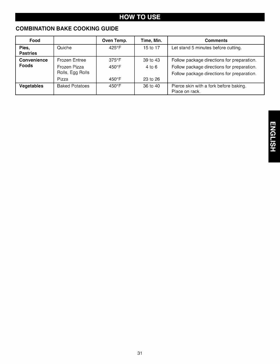 How to use, Combination bake cooking guide | Kenmore Elite 721.88519 User Manual | Page 31 / 46