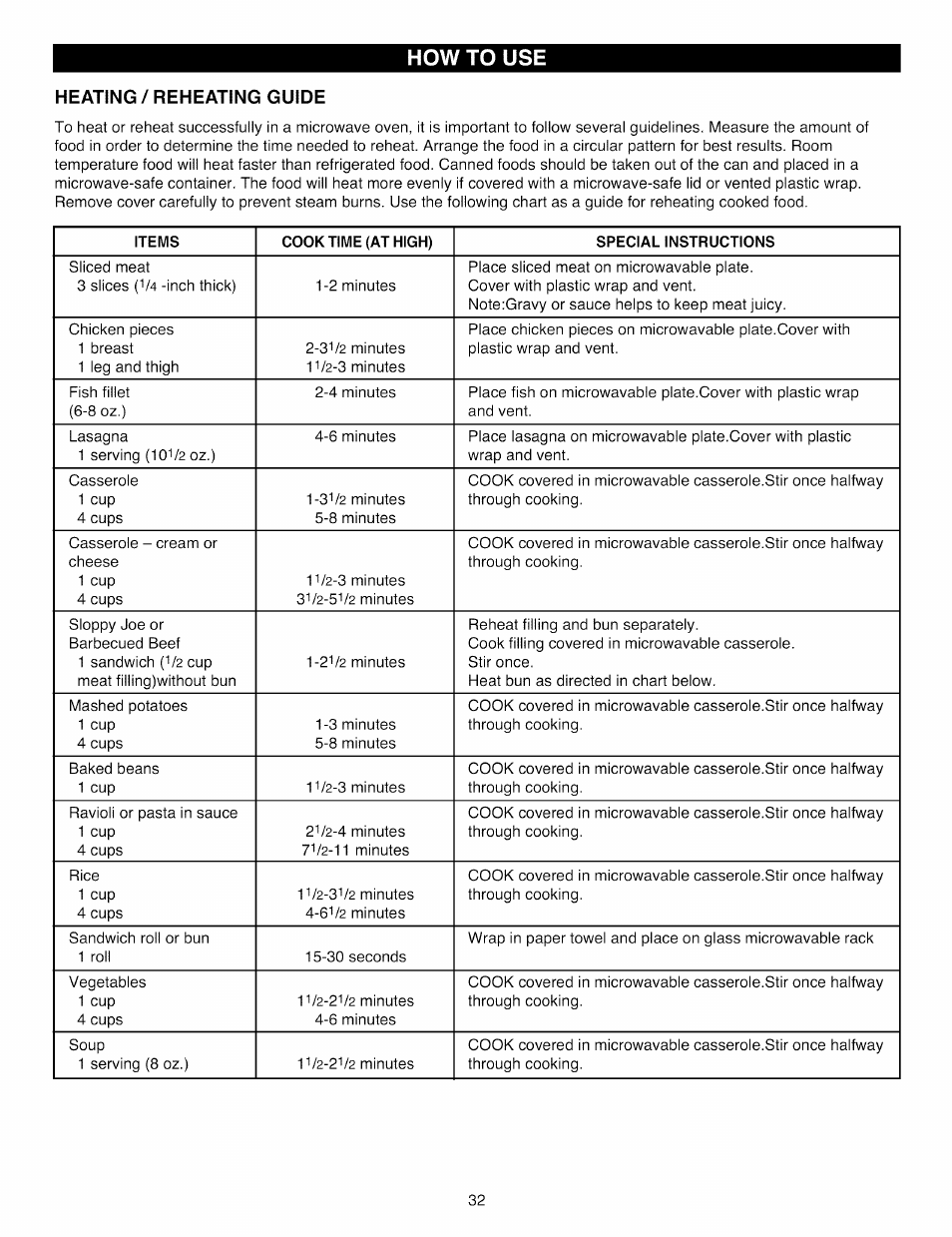 Heating / reheating guide, How to use | Kenmore Elite 721.88519 User Manual | Page 32 / 46
