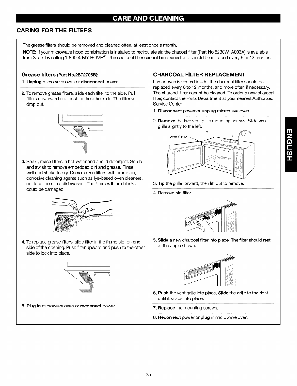 Caring for the filters, Care and cleaning | Kenmore Elite 721.88519 User Manual | Page 35 / 46