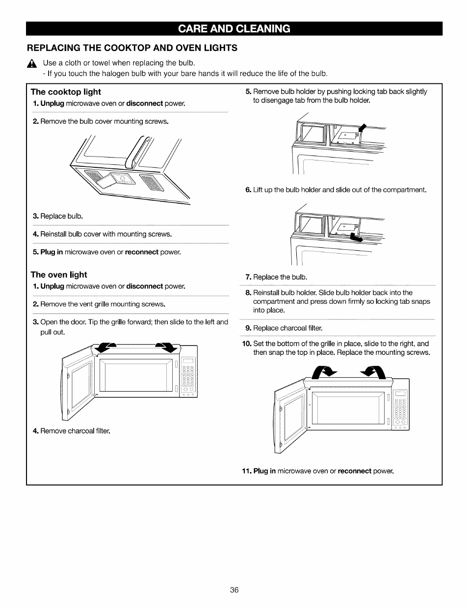 Replacing the cooktop and oven lights, The cooktop light, The oven light | Care and cleaning | Kenmore Elite 721.88519 User Manual | Page 36 / 46