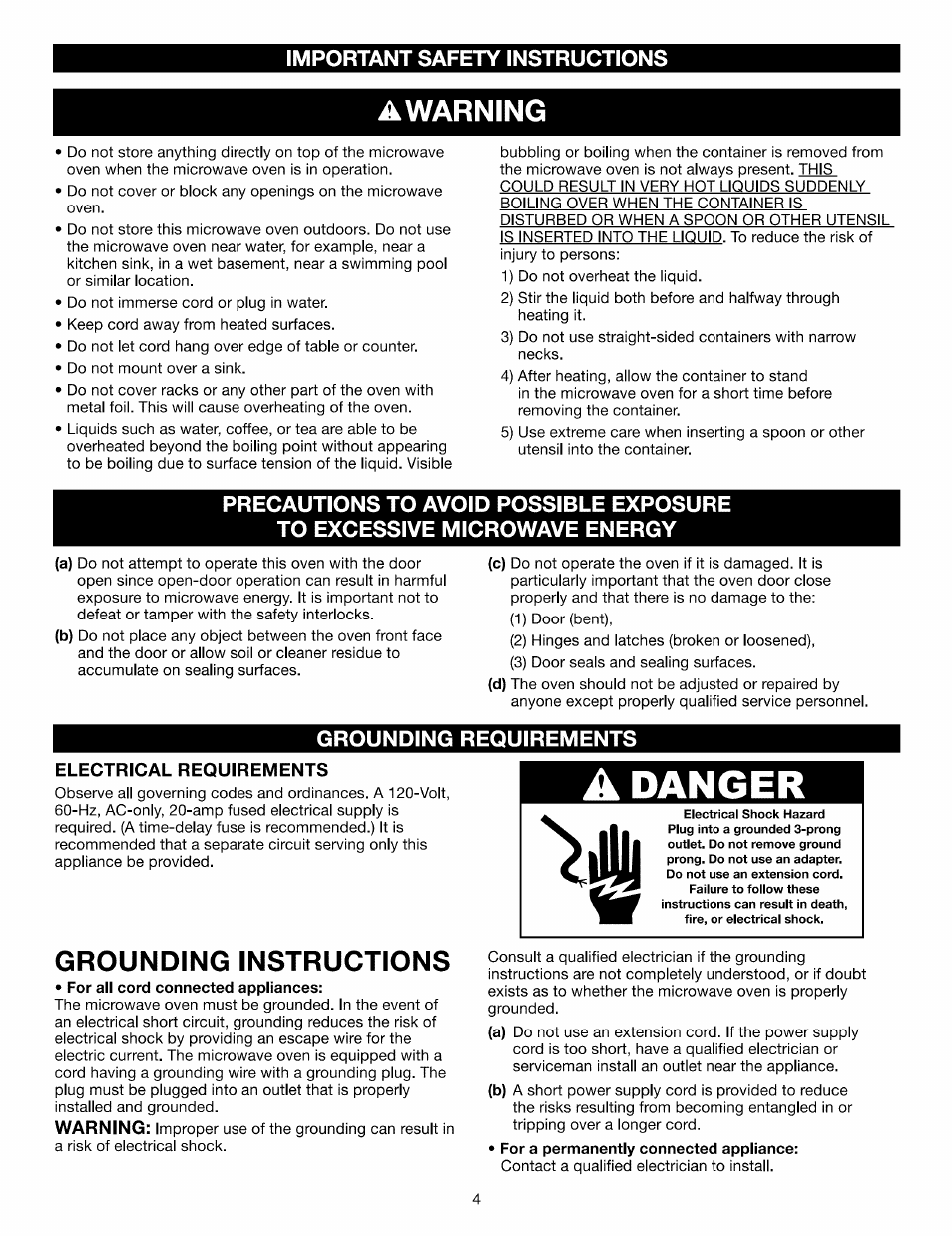 Important safety instructions, Grounding requirements, Danger | Awarning, Grounding instructions | Kenmore Elite 721.88519 User Manual | Page 4 / 46