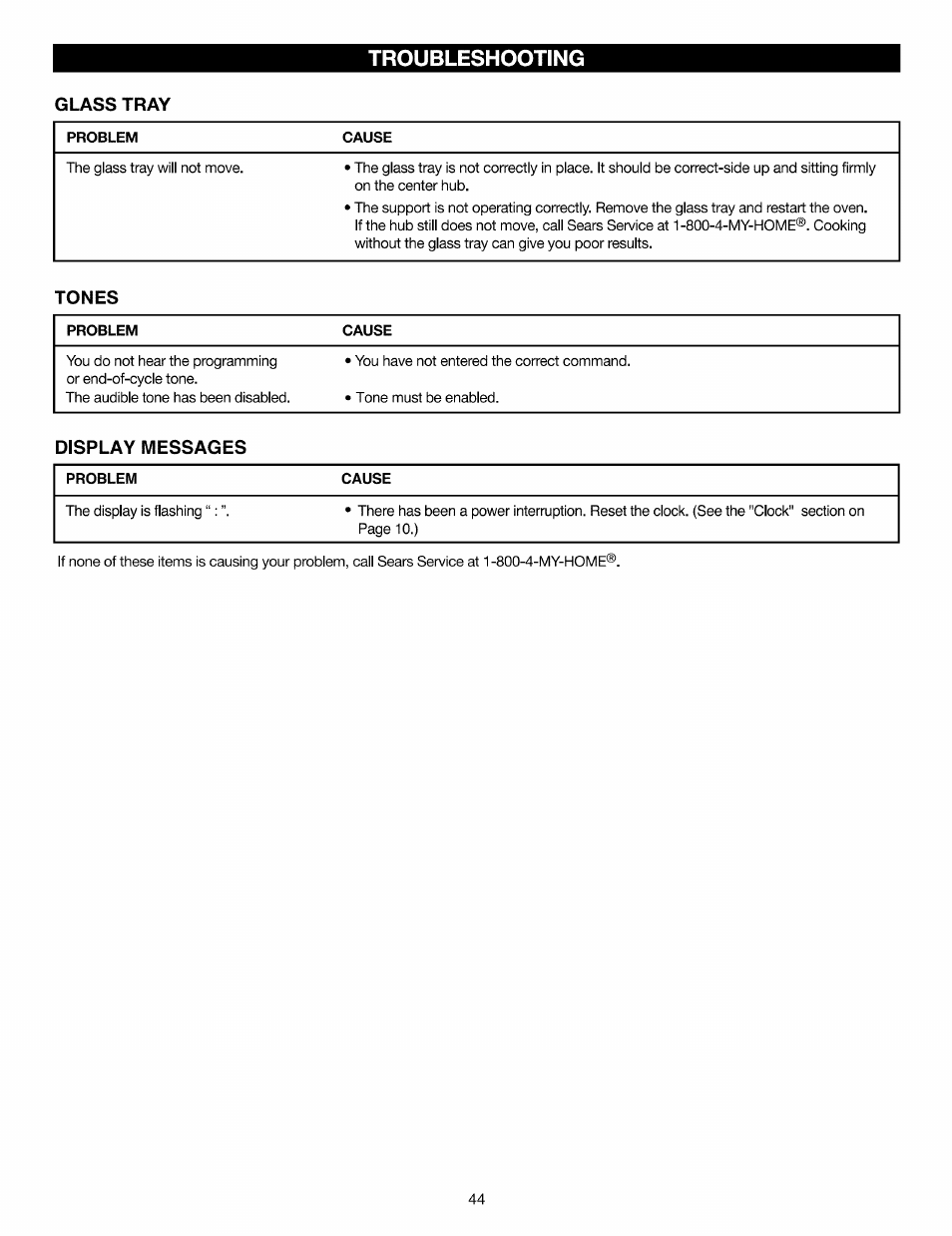 Troubleshooting, Glass tray, Tones | Troubleshooting ~44 | Kenmore Elite 721.88519 User Manual | Page 44 / 46