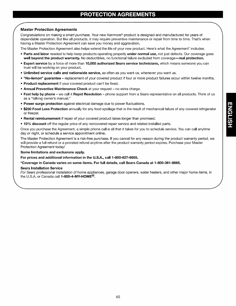 Protection agreements, Master protection agreements | Kenmore Elite 721.88519 User Manual | Page 45 / 46