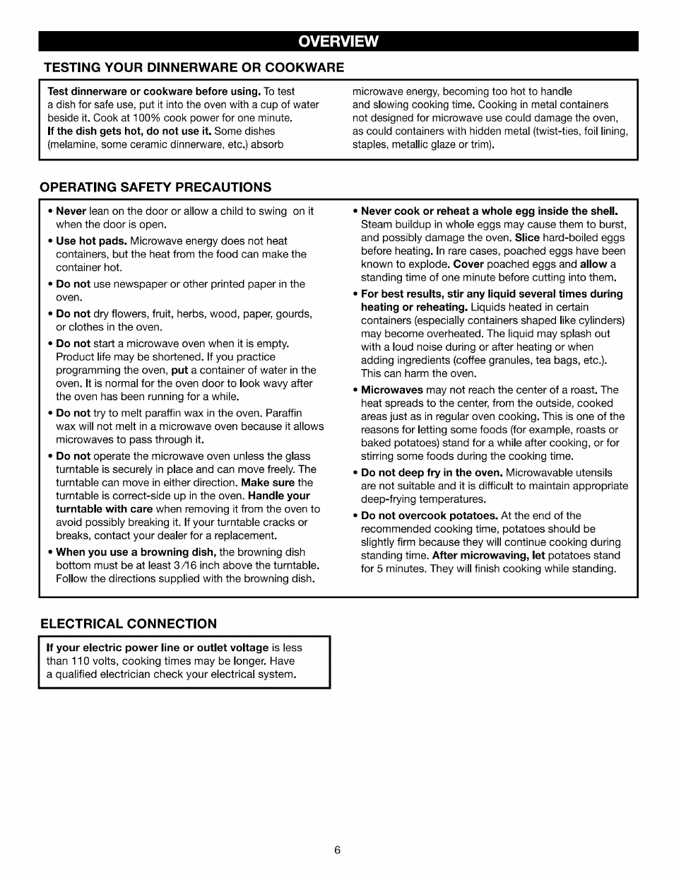 Never cook or reheat a whole egg inside the shell, Overview | Kenmore Elite 721.88519 User Manual | Page 6 / 46