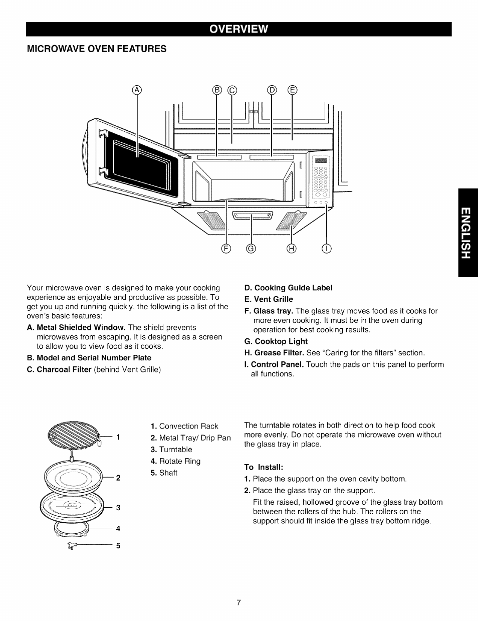 Microwave oven features, D. cooking guide label, To install | Overview | Kenmore Elite 721.88519 User Manual | Page 7 / 46