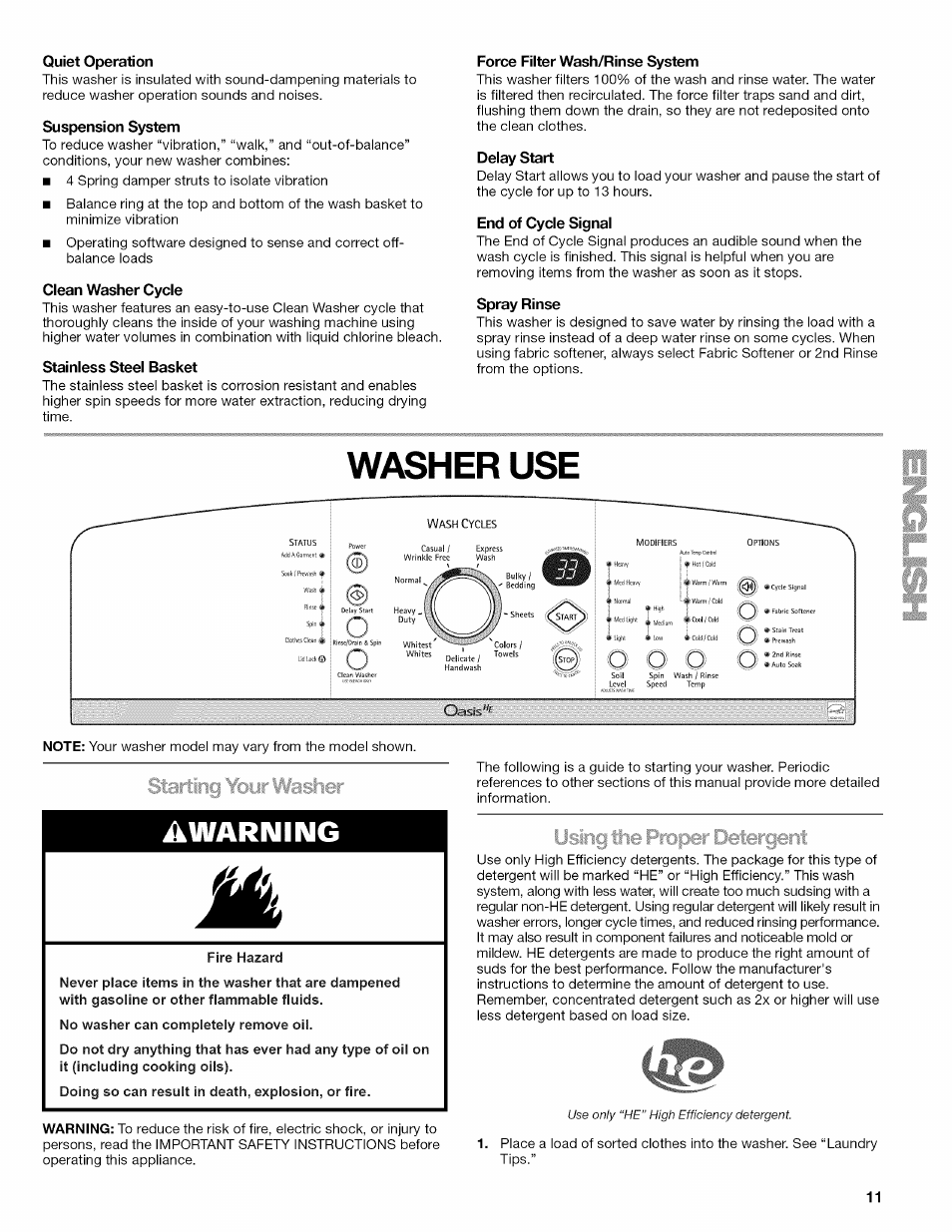 Quiet operation, Suspension system, Clean washer cycle | Stainless steel basket, Force filter wash/rinse system, Delay start, End of cycle signal, Spray rinse, Washer use, Awarning | Kenmore OASIS 110.2807 User Manual | Page 11 / 76