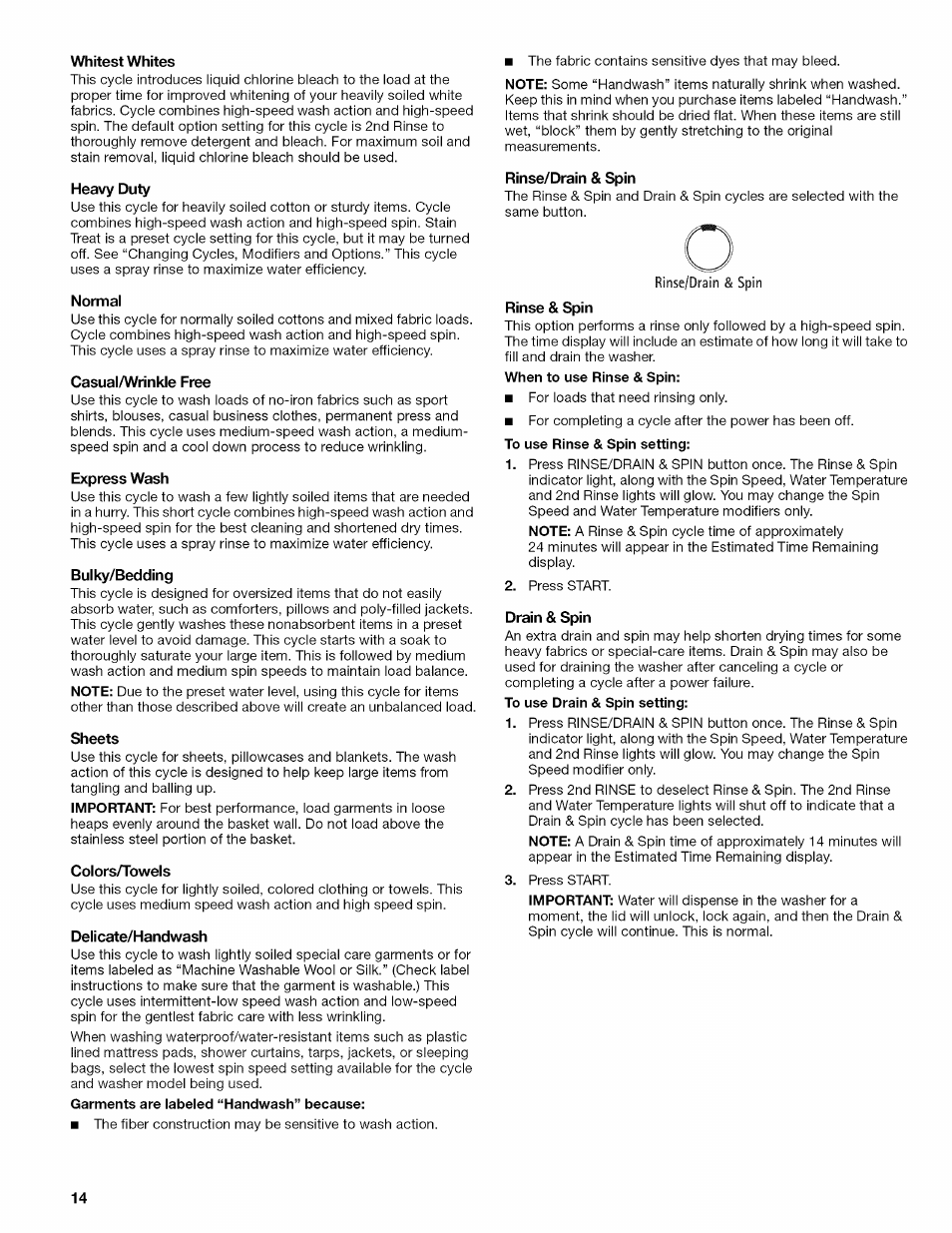 Whitest whites, Heavy duty, Normal | Casual/wrinkle free, Express wash, Bulky/bedding, Sheets, Colors/towels, Delicate/handwash, Rinse/drain & spin | Kenmore OASIS 110.2807 User Manual | Page 14 / 76