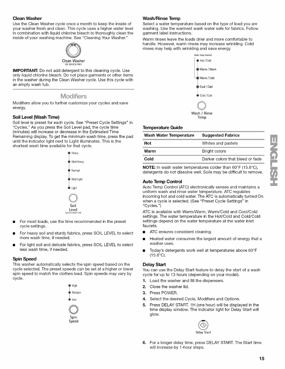 Clean washer, Soil level (wash time), Spin speed | Auto temp control, Delay start, Mocliiers | Kenmore OASIS 110.2807 User Manual | Page 15 / 76