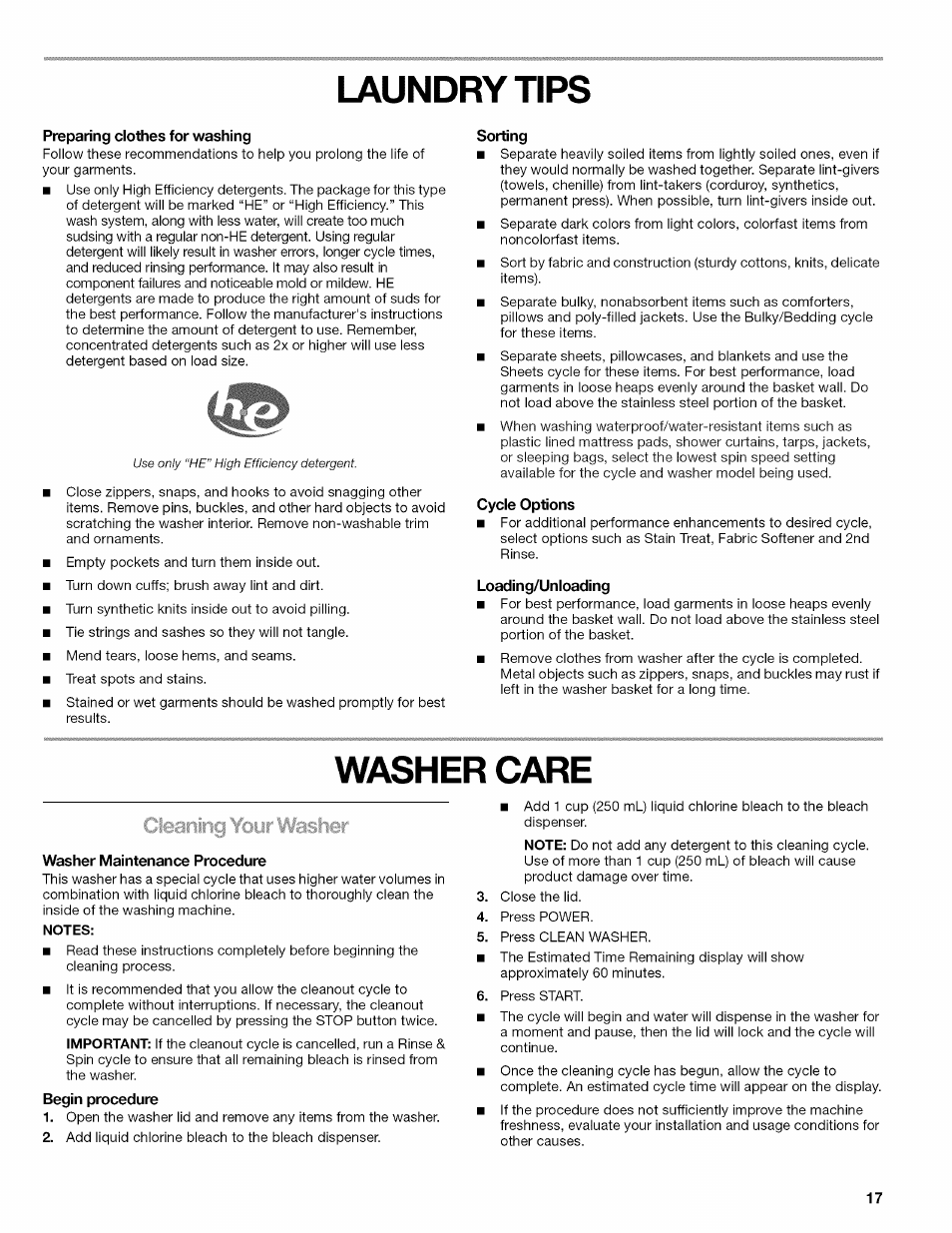 Laundry tips, Preparing clothes for washing, Sorting | Cycle options, Loading/unloading, Washer care, Washer maintenance procedure, Begin procedure | Kenmore OASIS 110.2807 User Manual | Page 17 / 76