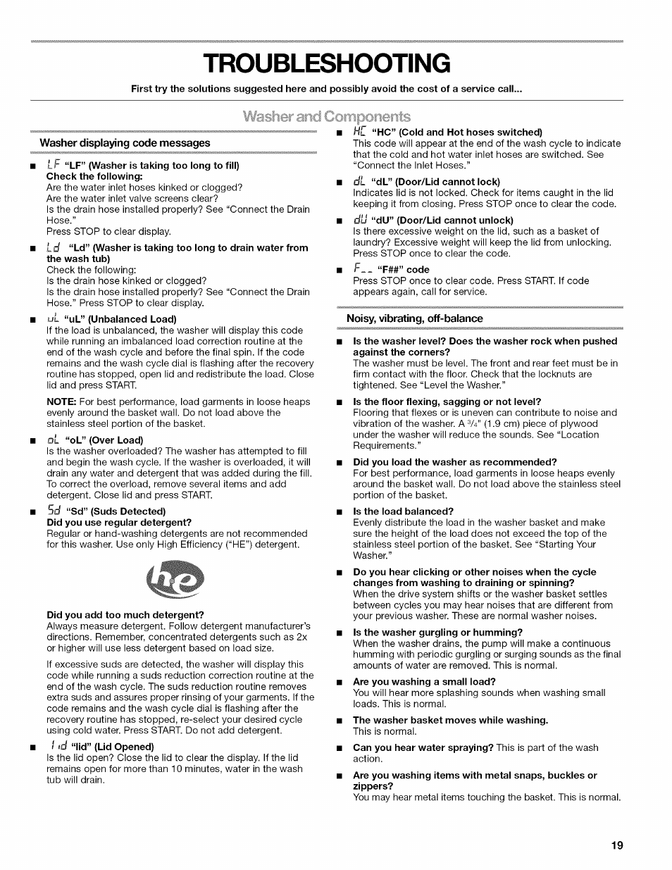 Troubleshooting, Washer displaying code messages, Noisy, vibrating, off-balance | Kenmore OASIS 110.2807 User Manual | Page 19 / 76