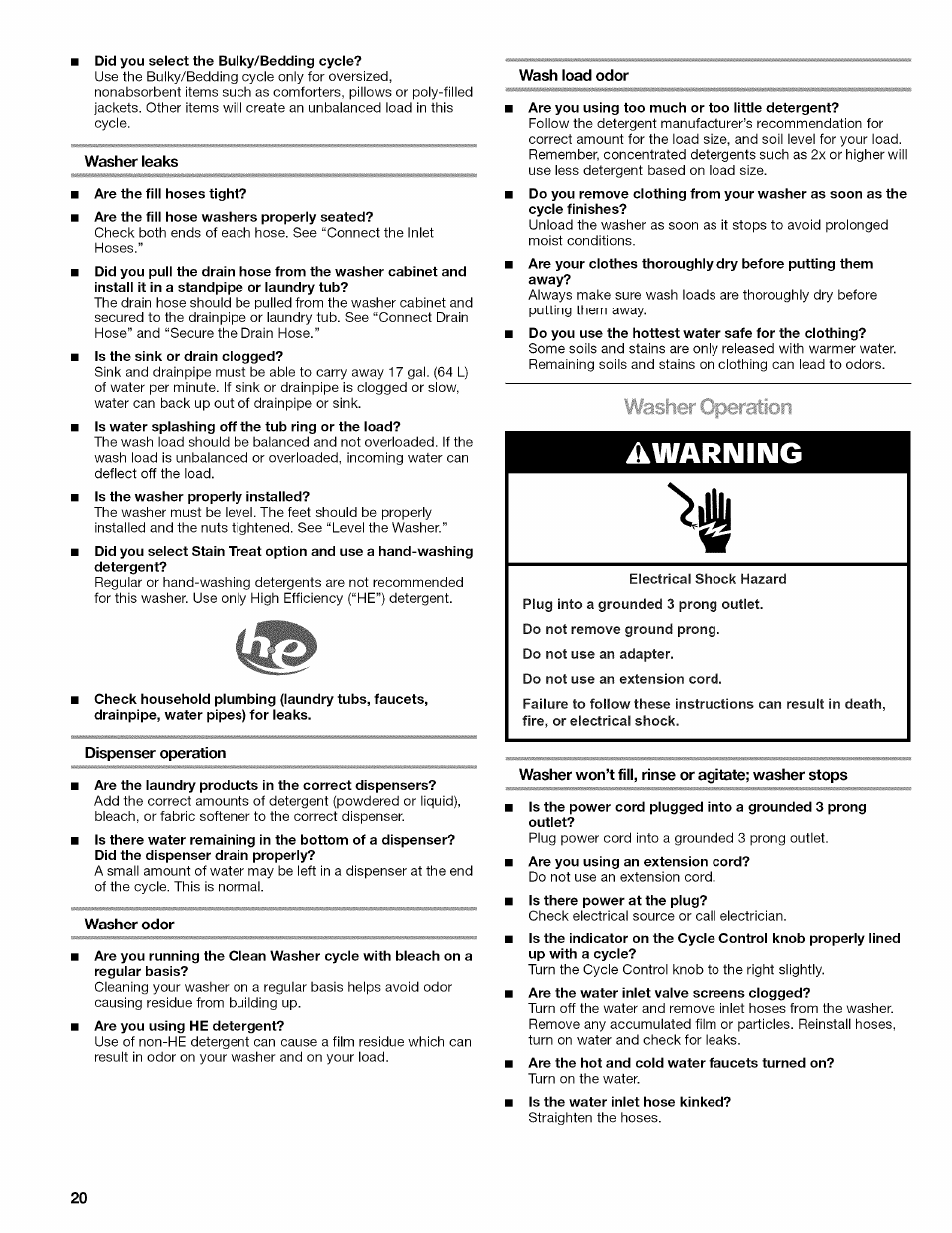 Washer leaks, Wash load odor, Dispenser operation | Washer odor, Washer won’t fill, rinse or agitate; washer stops, Washer operation, A warning | Kenmore OASIS 110.2807 User Manual | Page 20 / 76