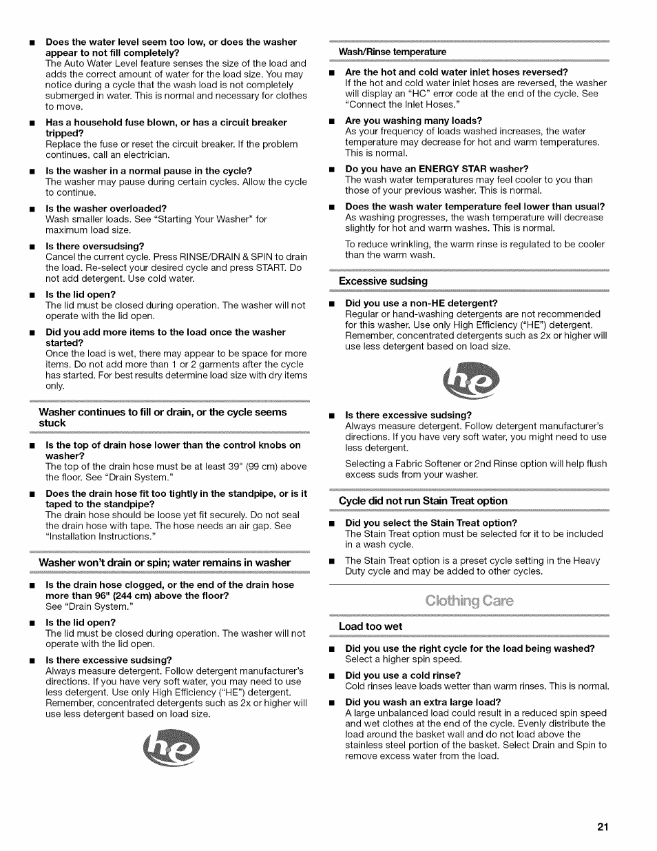 Excessive sudsing, Cycle did not run stain treat option, Load too wet | Kenmore OASIS 110.2807 User Manual | Page 21 / 76