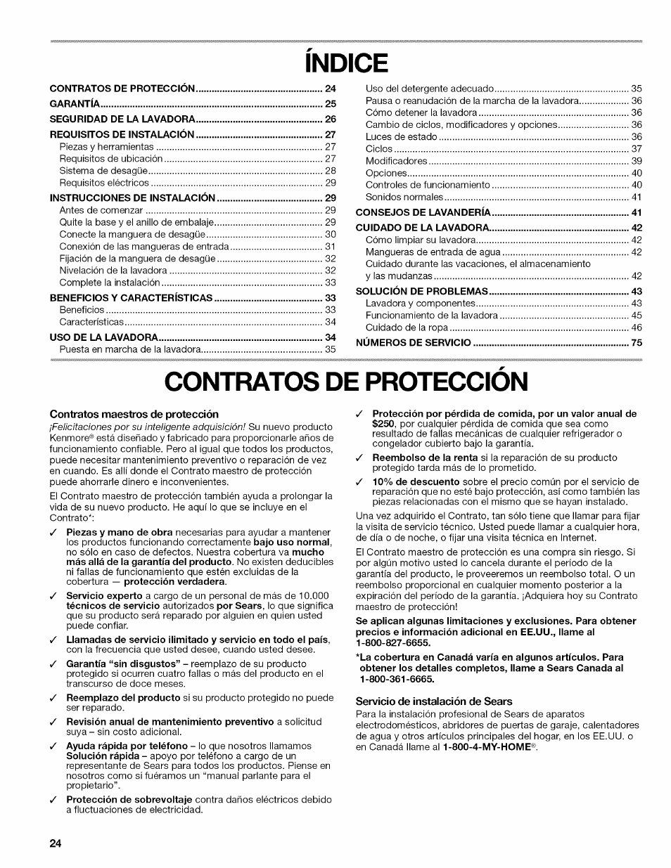 Indice, Contratos de proteccion, Contratos maestros de protección | Servicio de instalación de sears | Kenmore OASIS 110.2807 User Manual | Page 24 / 76