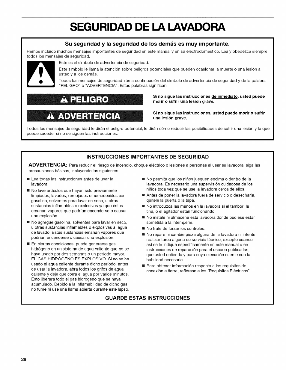 Seguridad de la lavadora, A peligro, A advertencia | Kenmore OASIS 110.2807 User Manual | Page 26 / 76