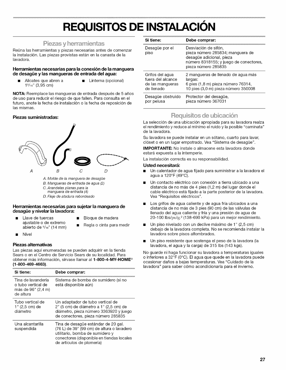 Requisitos de instalacion, Piezas suministradas, Piezas alternativas | Usted necesitará, Requisitos de instalación | Kenmore OASIS 110.2807 User Manual | Page 27 / 76