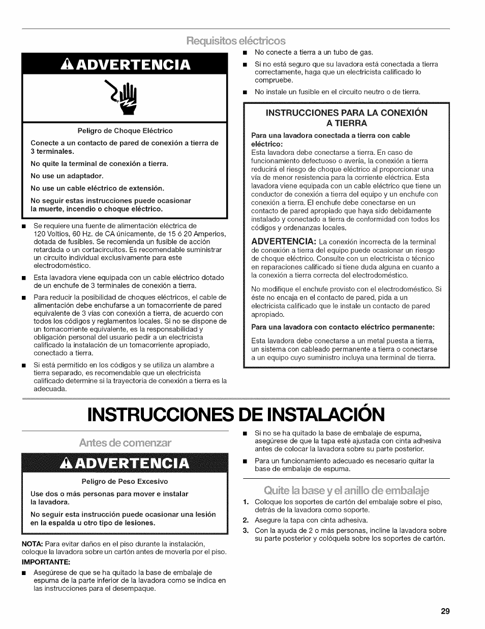 Instrucciones de instalacion, Instrucciones de instalación, A advertencia | Aadvertencia, Requisios eléctricos | Kenmore OASIS 110.2807 User Manual | Page 29 / 76
