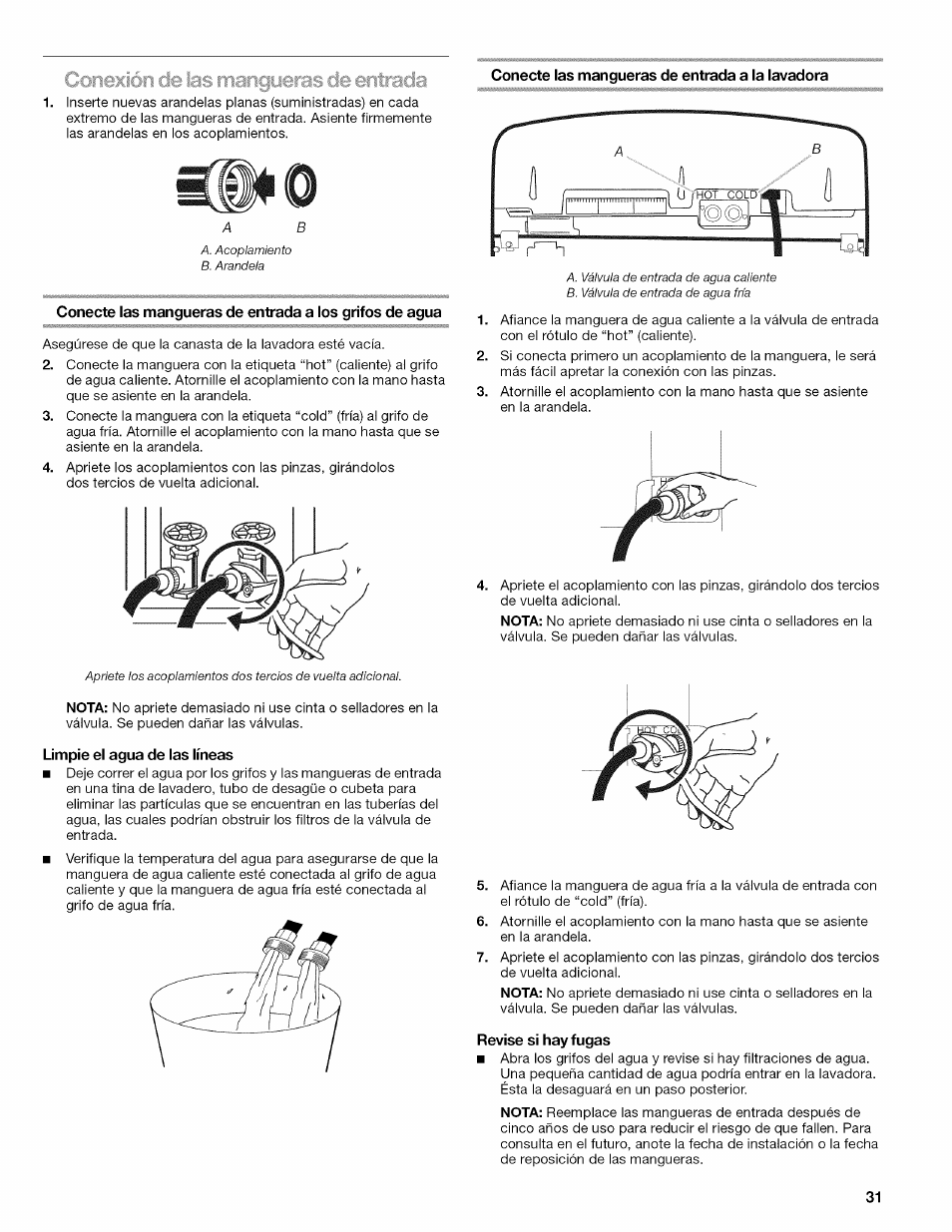 Limpie el agua de las líneas, Revise si hay fugas, Cieerit acia | Kenmore OASIS 110.2807 User Manual | Page 31 / 76