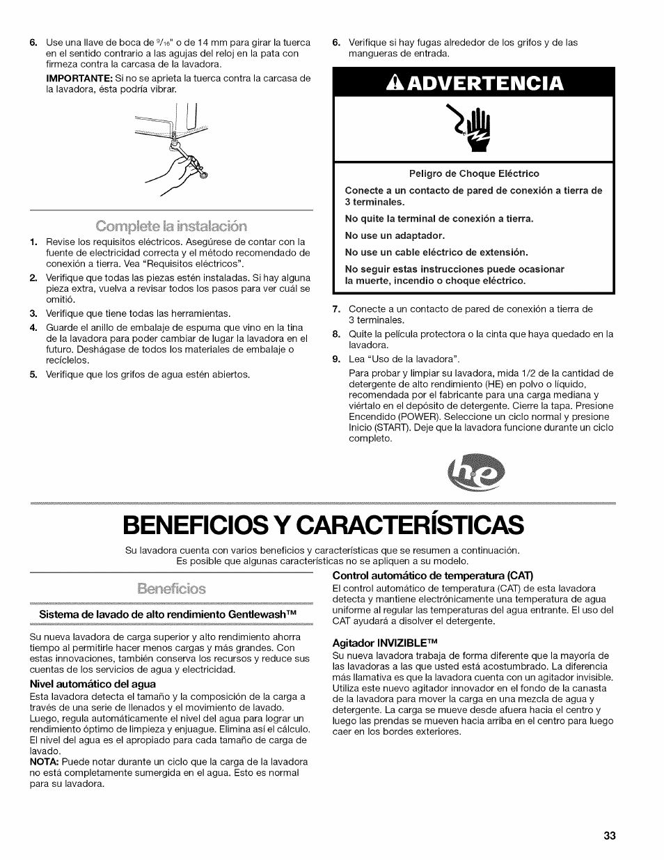 Beneficios y caracteristicas, Control automático de temperatura (cai), Sistema de lavado de alto rendimiento gentlewash | Nivel automático del agua, Agitador invizible, Beneficios y características, A advertencia, Complete la ¡nstalación | Kenmore OASIS 110.2807 User Manual | Page 33 / 76