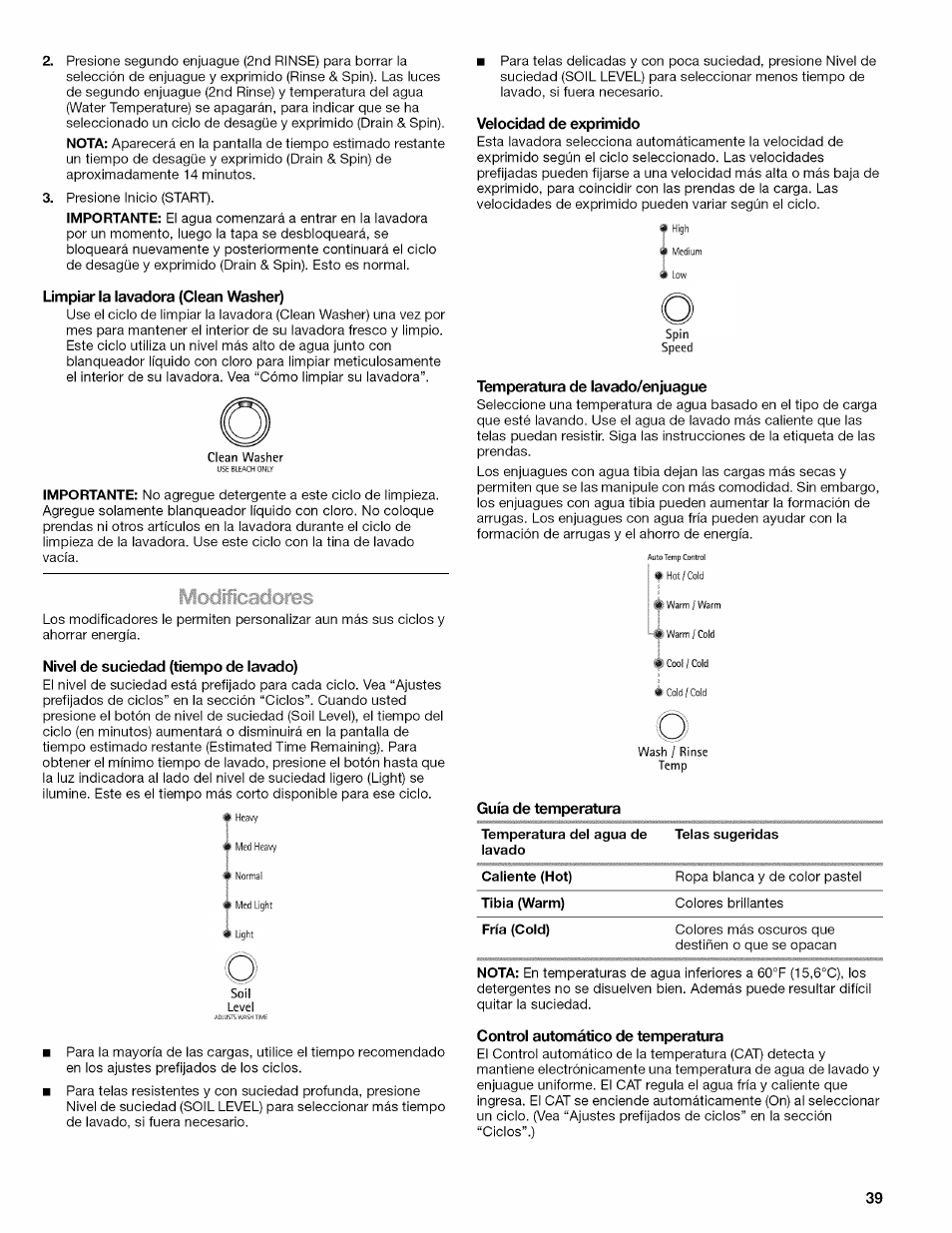 Limpiar la lavadora (clean washer), Velocidad de exprimido, Temperatura de lavado/enjuague | Nivel de suciedad (tiempo de lavado), Guía de temperatura, Control automático de temperatura | Kenmore OASIS 110.2807 User Manual | Page 39 / 76