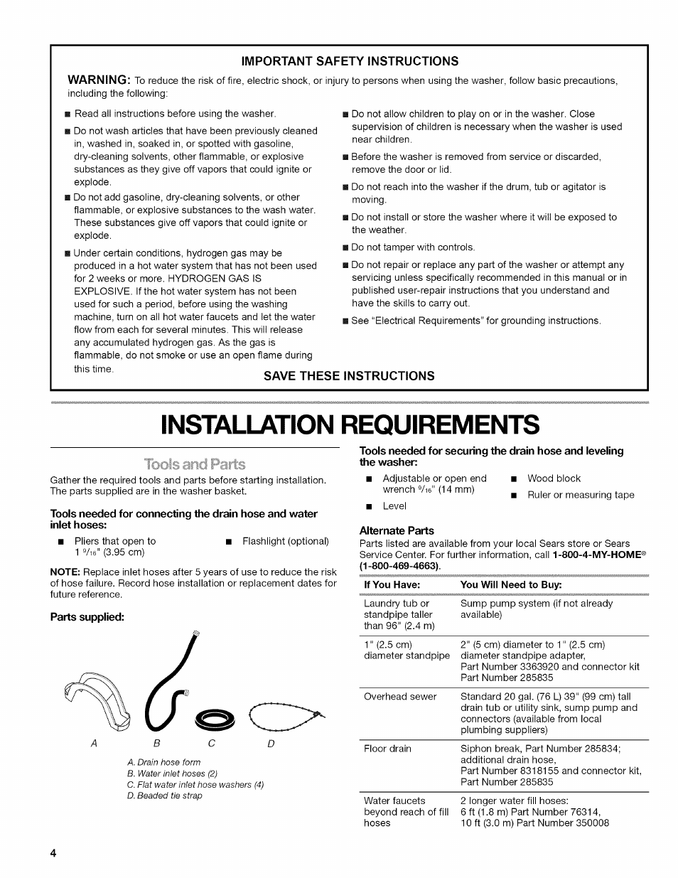 Important safety instructions, Save these instructions, Installation requirements | Parts supplied | Kenmore OASIS 110.2807 User Manual | Page 4 / 76