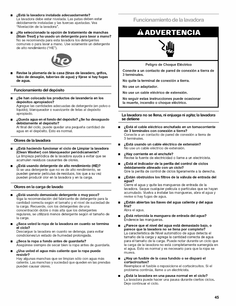 Funcionamiento del depósito, Olores de la lavadora, Olores en la carga de lavado | A advertencia, Fiiricic3iiarn¡erito de la lawadora | Kenmore OASIS 110.2807 User Manual | Page 45 / 76