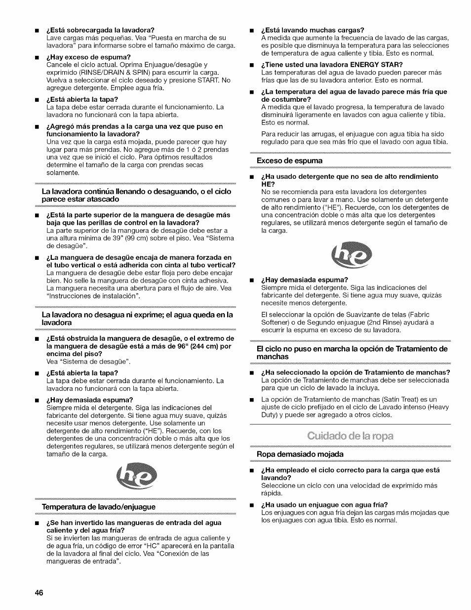 Temperatura de lavado/enjuague, Exceso de espuma, Ropa demasiado mojada | Kenmore OASIS 110.2807 User Manual | Page 46 / 76