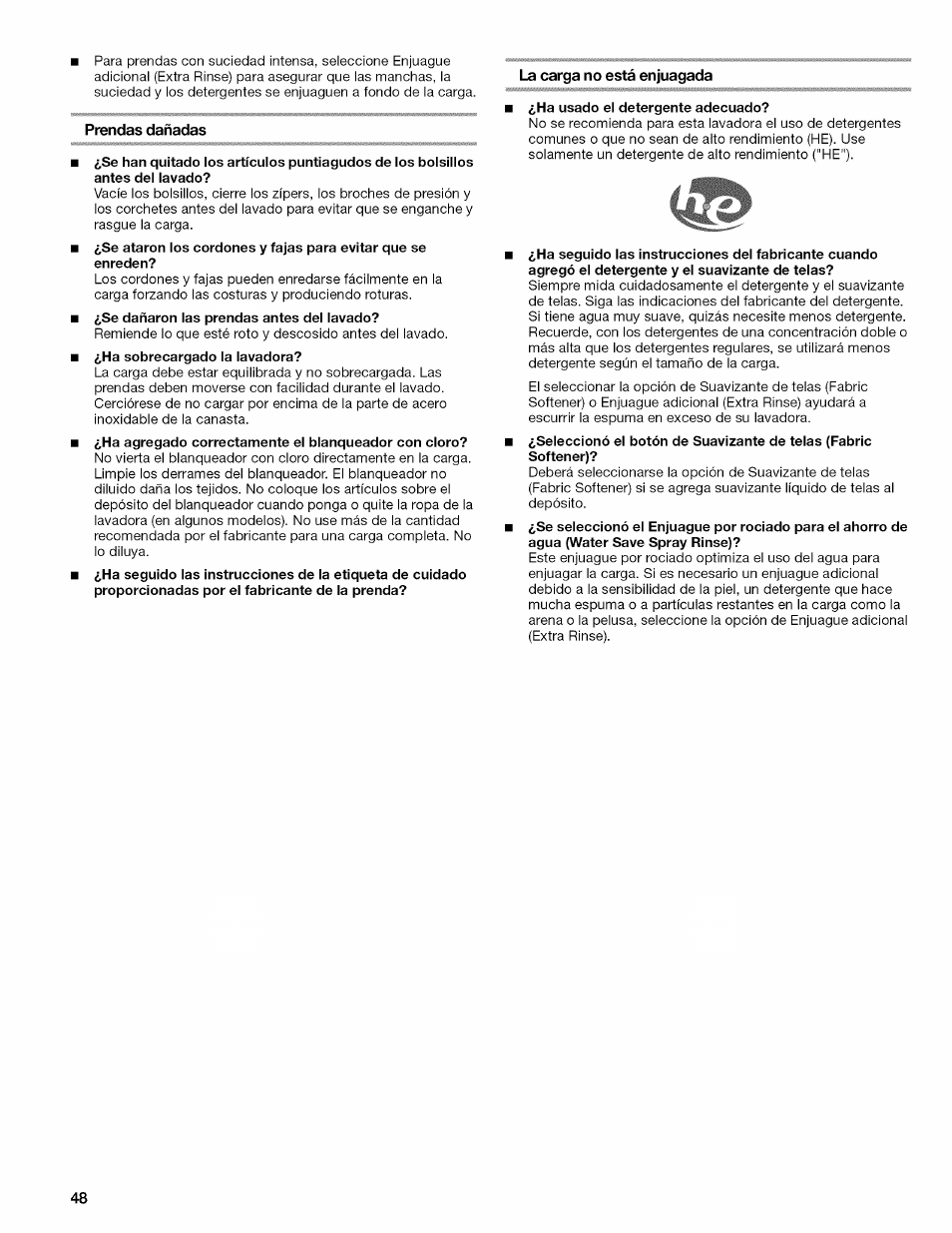 Prendas dañadas, La carga no está enjuagada | Kenmore OASIS 110.2807 User Manual | Page 48 / 76