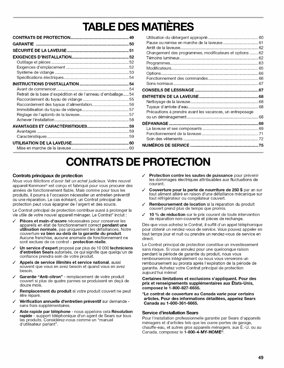 Table des matieres, Contrats de protection, Contrats principaux de protection | Service d'installation sears | Kenmore OASIS 110.2807 User Manual | Page 49 / 76