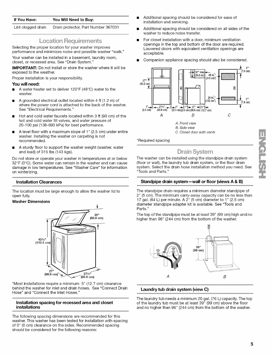 You will need, Installation clearances, Standpipe drain system—wall or floor (views a & b) | Kenmore OASIS 110.2807 User Manual | Page 5 / 76