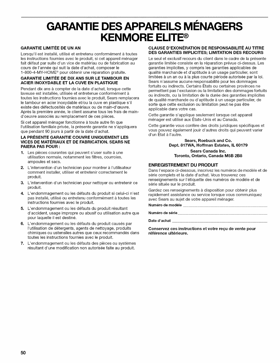 Garantie des appareils menagers, Kenmore elite, Garantie des appareils menagers kenmore elite | Kenmore OASIS 110.2807 User Manual | Page 50 / 76