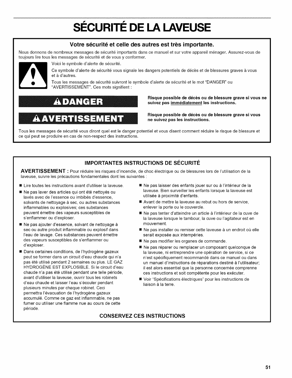 Securite de la laveuse, Sécurité de la laveuse, Adanger | Avertissement | Kenmore OASIS 110.2807 User Manual | Page 51 / 76