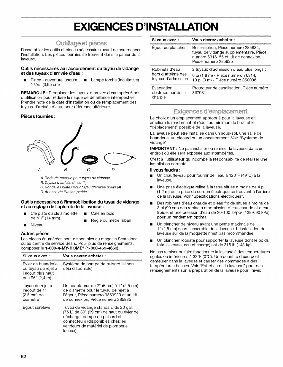 Exigences d’installation, Pièces fournies, Autres pièces | Il vous faudra | Kenmore OASIS 110.2807 User Manual | Page 52 / 76