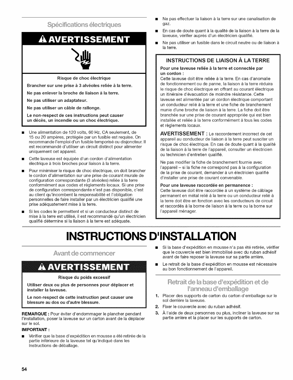 Instructions d'installation, A avertissement | Kenmore OASIS 110.2807 User Manual | Page 54 / 76