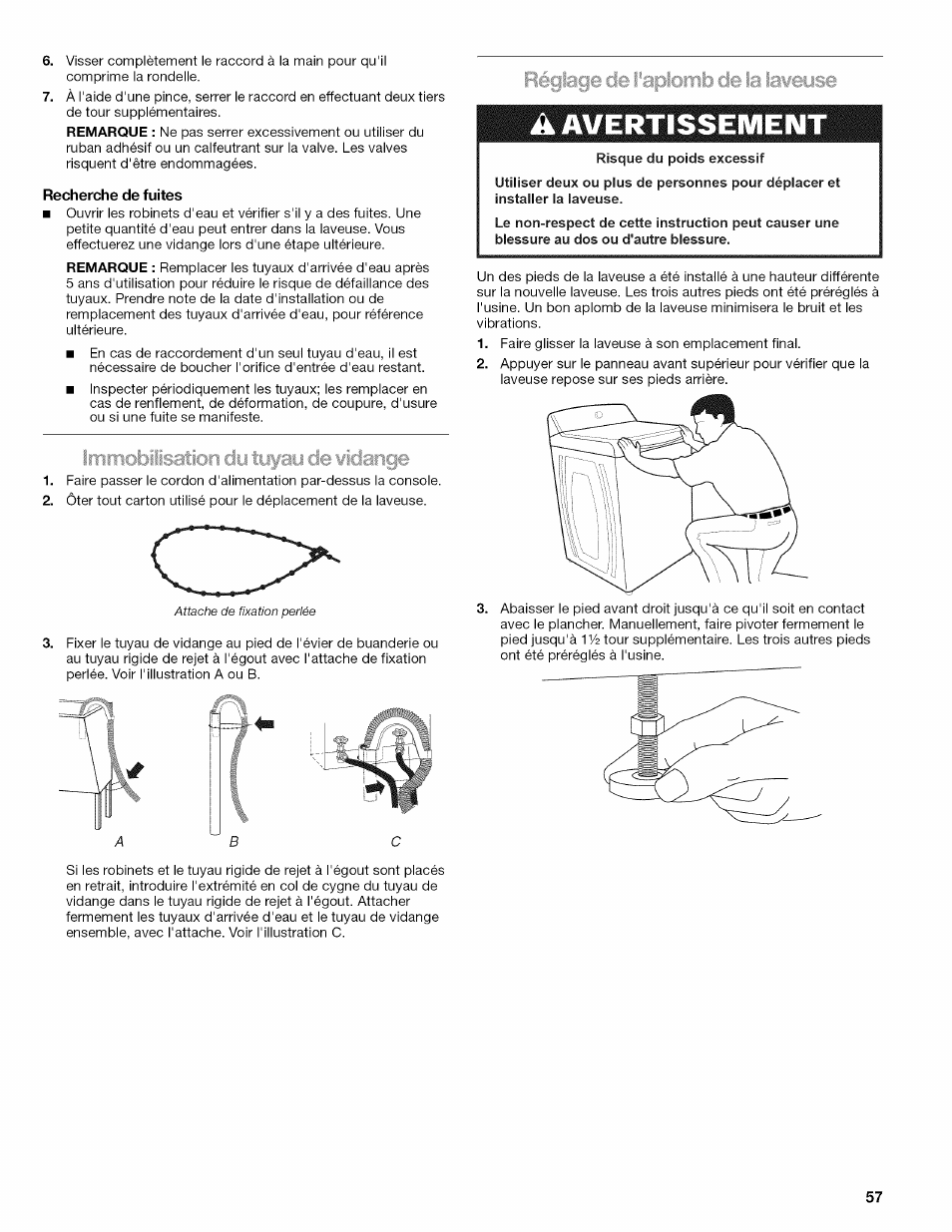 Recherche de fuites, Avertissement, Irniticsbiisation du tuyau de wlciarigfî | Réglage de l'aplomb de la laoeuse | Kenmore OASIS 110.2807 User Manual | Page 57 / 76