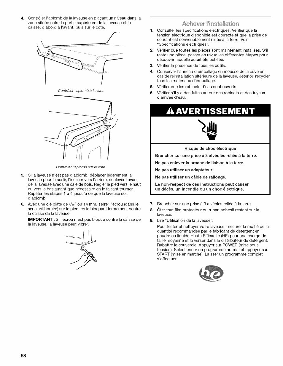 Avertissement | Kenmore OASIS 110.2807 User Manual | Page 58 / 76