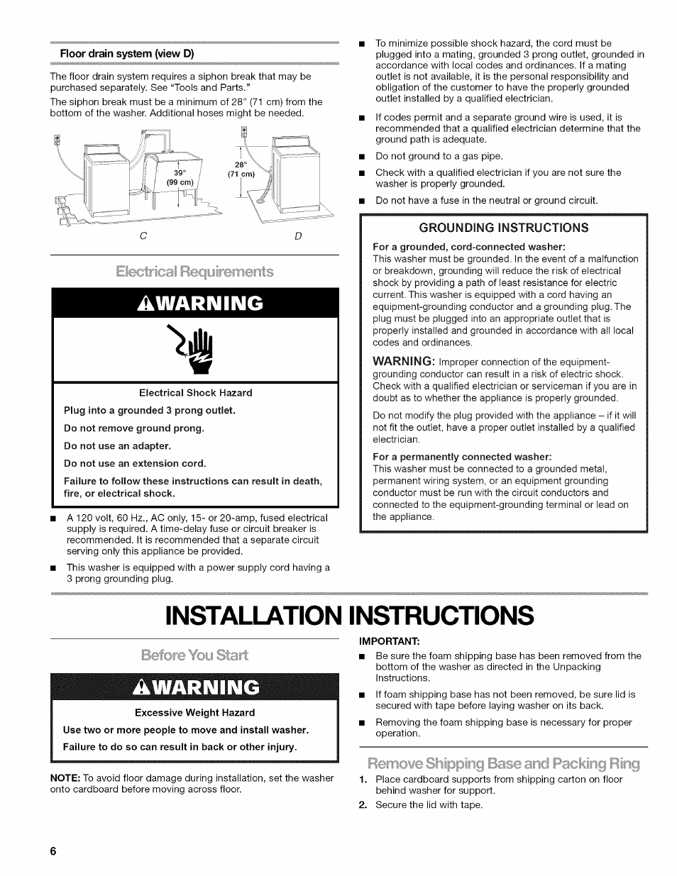 Floor drain system (view d), Installation instructions, A warning | Warning | Kenmore OASIS 110.2807 User Manual | Page 6 / 76