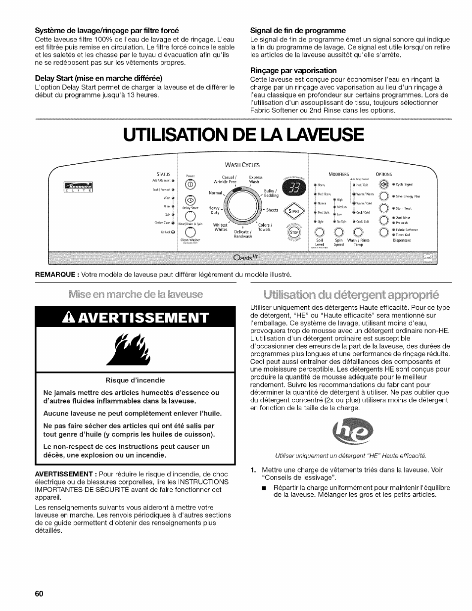 Système de lavage/rinçage par filtre forcé, Delay start (mise en marche différée), Signal de fin de programme | Rinçage par vaporisation, Utilisation de la laveuse, Avertissement | Kenmore OASIS 110.2807 User Manual | Page 60 / 76