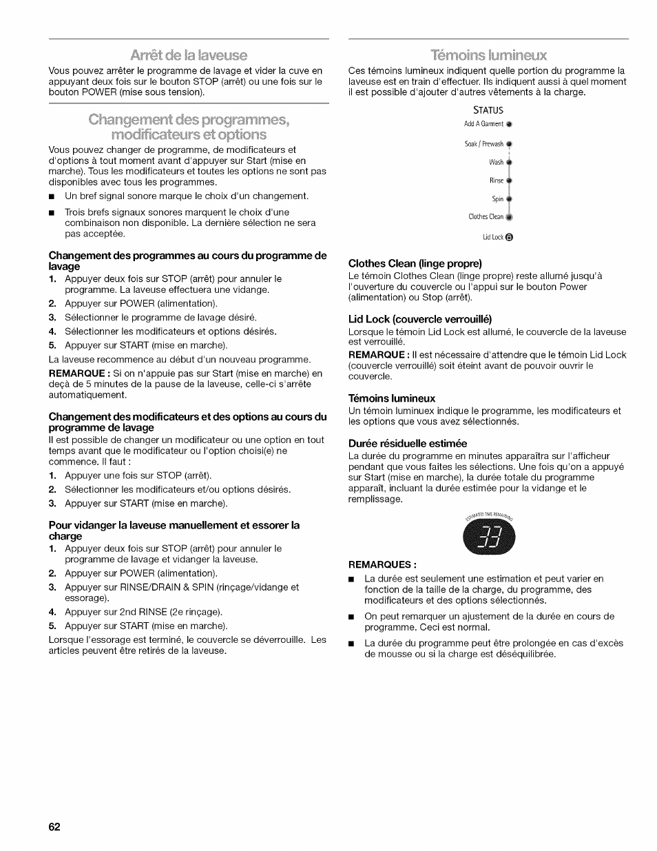 Clothes clean (linge propre), Lid lock (couvercle verrouillé), Témoins lumineux | Durée résiduelle estimée, Ferrioins il | Kenmore OASIS 110.2807 User Manual | Page 62 / 76