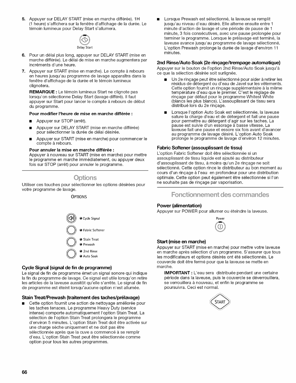 Cycle signal (signal de fin de programme), Fabric softener (assouplissant de tissu), Power (alimentation) | Start (mise en marche), O o o | Kenmore OASIS 110.2807 User Manual | Page 66 / 76