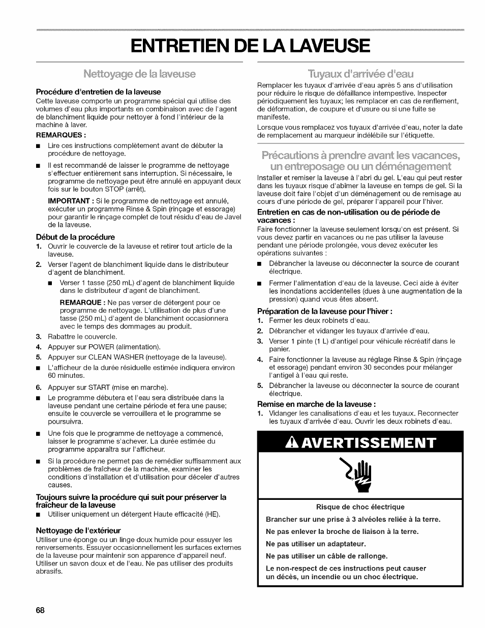 Entretien de la laveuse, Procédure d'entretien de la laveuse, Début de la procédure | Préparation de la laveuse pour l'hiver, Arrêt de la laveuse, Avertissement | Kenmore OASIS 110.2807 User Manual | Page 68 / 76